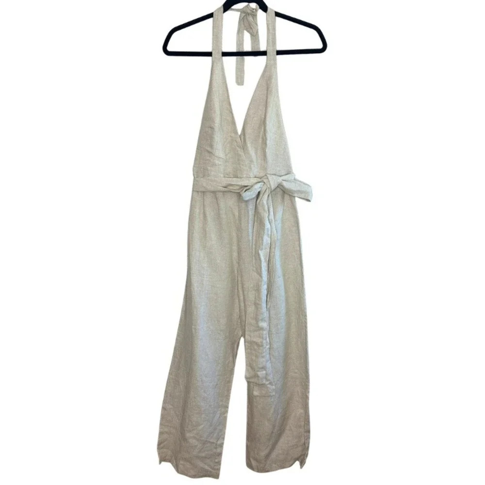 Reformation Dani Jumpsuit 100% Linen Halter Oatmeal Beige Wide Leg Size 6
